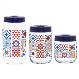 Kit Potes de Vidro 3 Peças Estampa Azulejo Português-YINS HOME