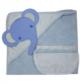 Toalha De Banho Baby Elefante Com Capuz E 3 Toalhas De Boca Azul- CAMESA